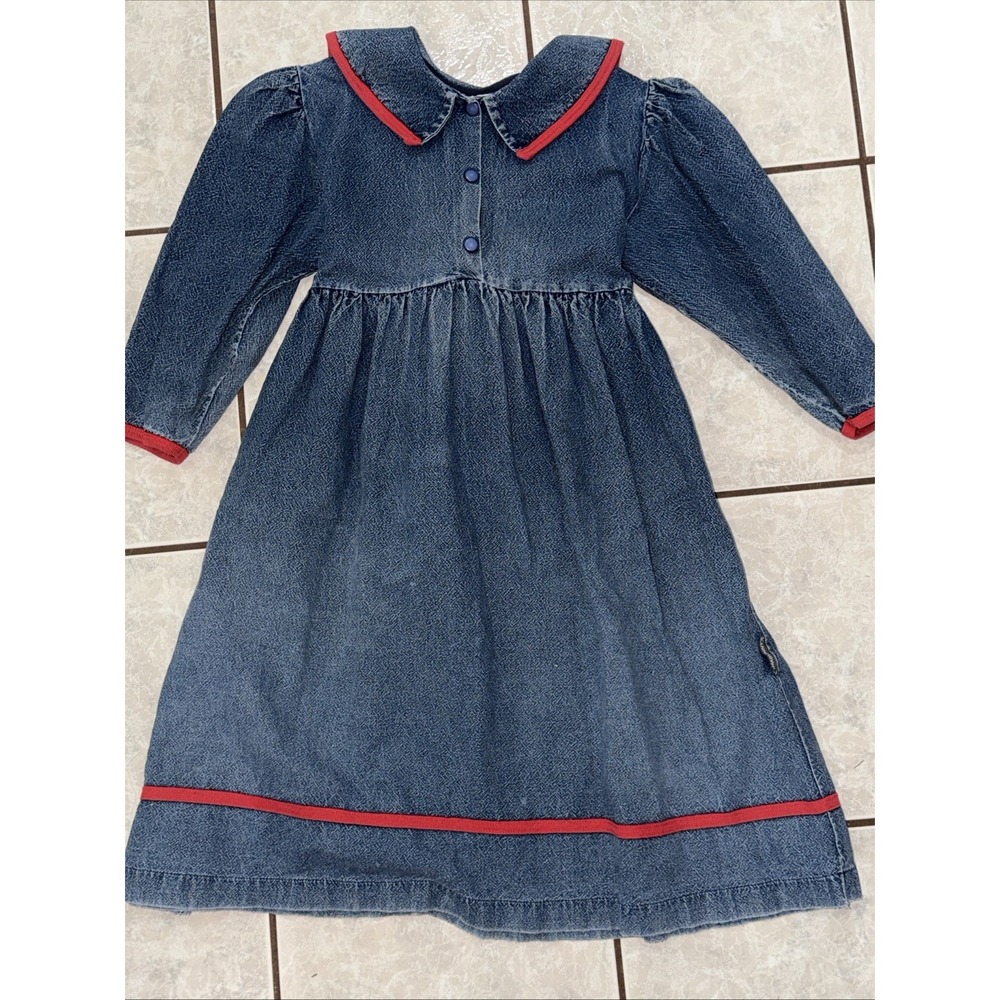 Vintage Sumbunny's Denim Dress Size L 10/12 Red Trimmed Collar Sleeves Tie Back